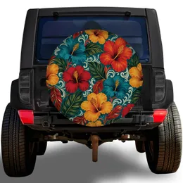 Tropical Hibiscus Floral Teal Botanical for Beach Road Trips and Island Style SUVs Spare Tire Cover