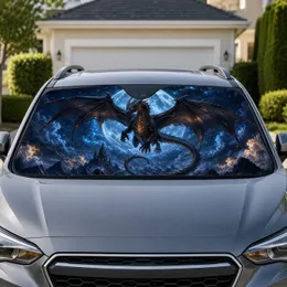 Black Dragon Under Icy Blue Moon Gothic Fantasy Night Drive Gift for Dragon Lovers Car Sunshade