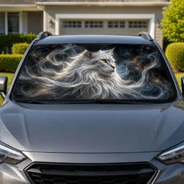 Silver White Longhair Cat With Mystic Smoke For Gothic Fantasy Auto Decor Lovers Car Sunshade