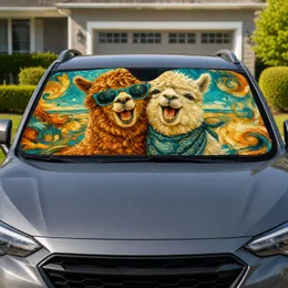 Laughing Alpacas In Teal Sunglasses For Fun Road Trip Smiles And Boho Animal Lovers Car Sunshade