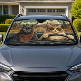 Vintage Road Trip Cats With Antlers And Sunglasses For Autumn Travel Lovers Gift Car Sunshade