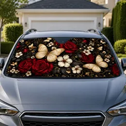 Gothic Crimson Roses And Gold Butterflies For Elegant Dark Floral Style Enthusiasts Car Sunshade