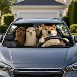 Shiba Inu And Alpaca Road Trip Scene For Summer Drives, Dog Lovers And Gift Giving Car Sunshade