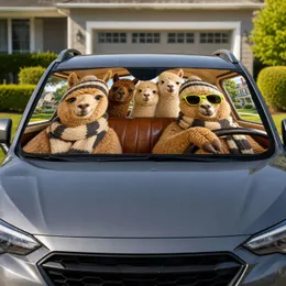 Five Alpacas in Retro Cabin With Knit Hats for Cheerful Everyday Family Road Trips Car Sunshade