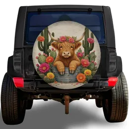 Highland Cow Cactus Floral Desert Art For Rustic RV Camping Adventure Enthusiasts Spare Tire Cover