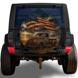 American Flag Vintage Farm Truck for Patriotic Camping and Rugged Road Adventures Spare Tire Cover