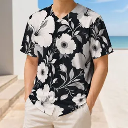 Black And White Hibiscus Floral Button Up For Summer Streetwear, Resort And Garden Events Baseball Jersey