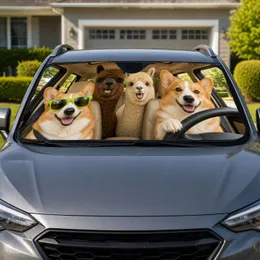 Smiling Corgi And Alpaca Road Trip Crew With Sunglasses For Dog Lover Summer Travel Car Sunshade
