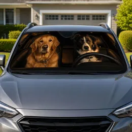 Golden Retriever And Black White Dog Night Drive Interior Accessory For Dog Lovers Car Sunshade