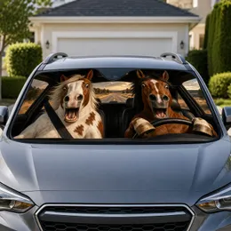 Funny Surprised Pinto and Bay Horses Driving for Equestrian Country Road Trip Lovers Car Sunshade