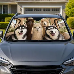 Realistic Husky And Alpaca Group Portrait For Summer Road Trips And Animal Lovers Car Sunshade