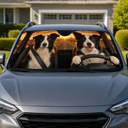 Realistic Border Collie Sunset Road Trip Scene for Dog Lovers and Adventure Travel Car Sunshade