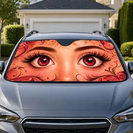 Big Eyed Cute Girl Face With Burgundy Lashes for Playful Daily Drives and Beauty Lovers Car Sunshade