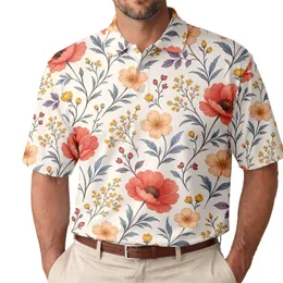 Coral Poppy And Peach Wildflower Meadow For Summer Garden Parties And Golf Casual Wear Men's Polo Shirt