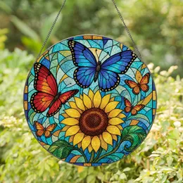 Stained Glass Sunflower Blue Butterfly Window Decor For Garden Lovers Housewarming Stained Glass Suncatcher