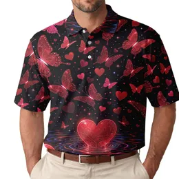 Red Butterfly And Heart Night Sky Motif For Date Nights, Parties And Summer Travel Men's Polo Shirt