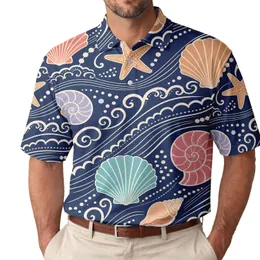 Ocean Shell Starfish Wave Motif For Beach Vacation Resort Wear And Summer Casual Style Men's Polo Shirt