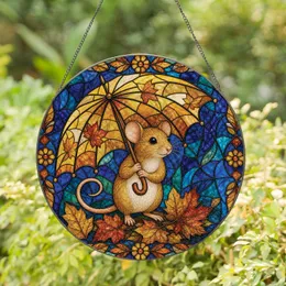 Stained Glass Umbrella Mouse Autumn Window Decor Gift for Animal Lovers and Hosts Stained Glass Suncatcher