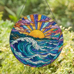 Stained Glass Ocean Wave Sunrise Window Decor for Coastal Homes and Beach Lovers Stained Glass Suncatcher