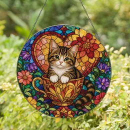 Stained Glass Tabby Kitten Teacup Floral Window Decor for Cat Lovers Housewarming Stained Glass Suncatcher