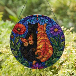 Black Cat And Orange Tabby Stained Glass Garden Window Home Decor Gift For Cat Lovers Stained Glass Suncatcher