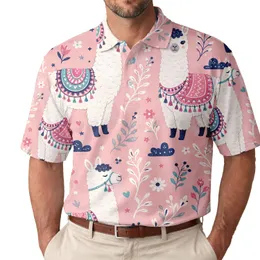 Pink Alpaca And Llama Folk Art For Casual Beach Trips, Brunch Dates And Gift Giving Men's Polo Shirt