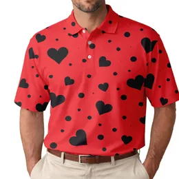 Scarlet Red Black Hearts And Polka Dots For Date Nights, Parties And Everyday Style Men's Polo Shirt