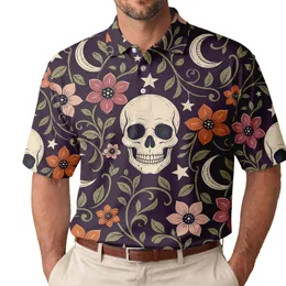 Gothic Skull Moon Floral Celestial Motif for Halloween Parties and Alternative Style Fans Men's Polo Shirt