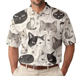 Hand Drawn Cat Faces and Sitting Cats for Casual Weekends, Beach Trips and Cat Lovers Men's Polo Shirt