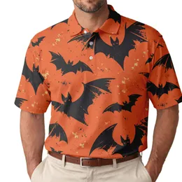 Black Bats On Burnt Pumpkin Orange Halloween Night For Spooky Parties And Costume Fans Men's Polo Shirt