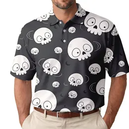 White Cartoon Skulls On Charcoal For Halloween Parties, Gothic Streetwear And Daily Wear Men's Polo Shirt