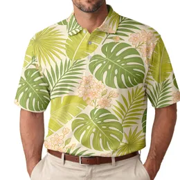Tropical Monstera Banana Leaves And Peach Flowers For Resort Vacations And Beachwear Men's Polo Shirt