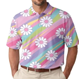 Retro Rainbow Stripes And White Daisies For Beach Days And Weekend Casual Outings Men's Polo Shirt
