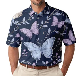 Midnight Navy Blue Lavender Butterfly Botanical Garden Casual Vacation Wear For Men Men's Polo Shirt