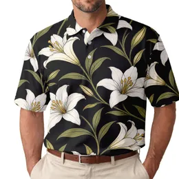 White Lily Floral On Black For Beach Vacations, Resort Wear, Summer Dates And Getaways Men's Polo Shirt