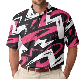 Pink White Abstract Graffiti Streetwear For Festivals Travel And Casual Outfits Men's Polo Shirt