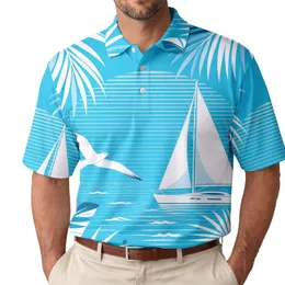 Aqua Coastal Sailboat And Seagull Palm Scene For Resort Vacations And Beach Travel Men's Polo Shirt