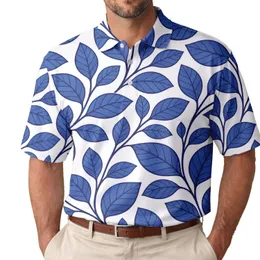 Cobalt Blue Botanical Leaf Branches For Resort Travel And Smart Casual Men's Style Men's Polo Shirt