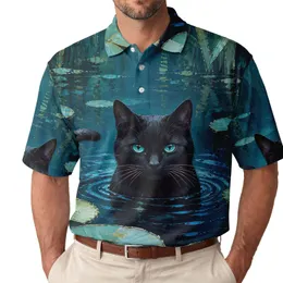 Black Cat In Water Lily Pond Scene For Moonlit Garden Evenings And Cat Lovers Alike Men's Polo Shirt