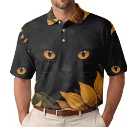 Black Cat With Golden Sunflowers Night Garden Style For Casual Dates And Cat Lovers Men's Polo Shirt