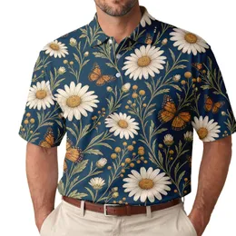 Midnight Teal Wildflower Daisies And Butterflies For Vintage Garden Everyday Wear Men's Polo Shirt