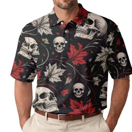 Gothic Skull And Scarlet Maple Leaf Motif For Halloween Parties And Alternative Style Men's Polo Shirt