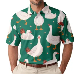 White Geese On Emerald Green For Weekend Travel, Resort Wear And Garden Party Style Men's Polo Shirt