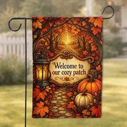 Autumn Welcome With Lantern, Pumpkins And Maple Leaves For Cozy Porch Entryway Decor Garden Flag