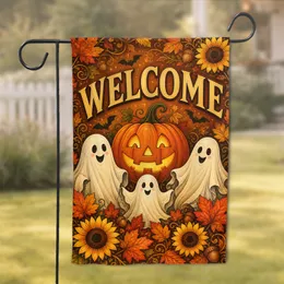 Vintage Autumn Welcome With Pumpkin And Ghosts For Porch And Harvest Seasonal Decor Garden Flag