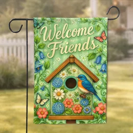 Welcome Friends Birdhouse Porch Decor With Blooms, Butterflies And Spring Charm For Home Garden Flag