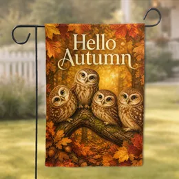 Autumn Owl Porch Decor With Hello Autumn Sign, Fall Leaf Entryway Accent For Home Garden Flag