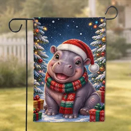 Baby Hippo Christmas Festive Porch Decor For Winter Home And Yard Holiday Displays Garden Flag