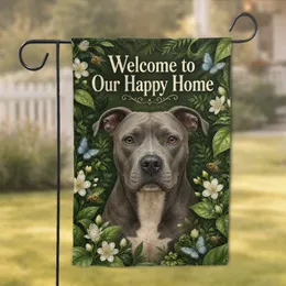 Gray Pit Bull Welcome Sign for Porch, Patio, and Entryway Dog Lover Home Accent Garden Flag