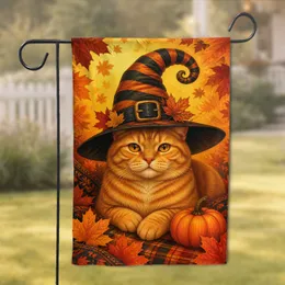 Orange Tabby Cat with Witch Hat for Halloween and Thanksgiving Porch Decor Accent Garden Flag